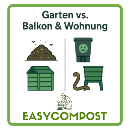 Illustration: Vergleich verschiedener Kompostmethoden für Garten, Balkon und Wohnung
