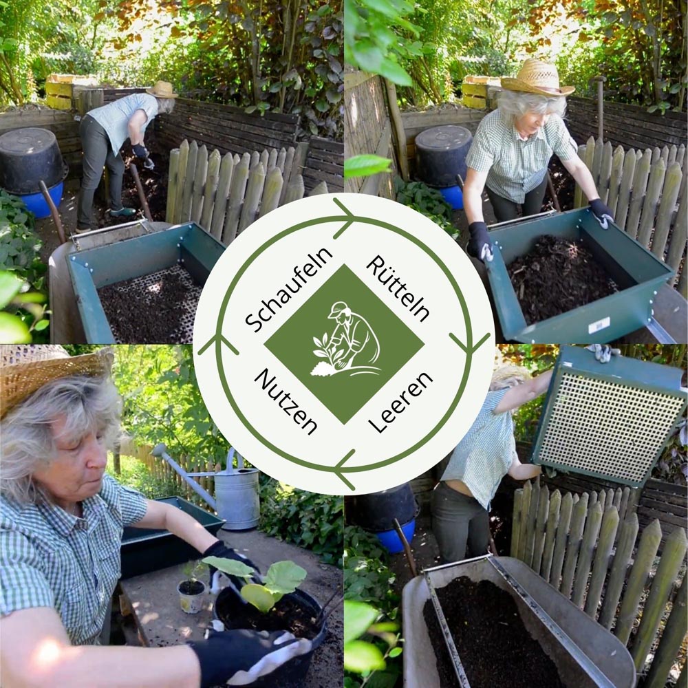 Jetroc III im Einsatz – auf Schubkarre platziert, Kompost rieselt durch das Sieb auf größeren Gartenbehälter darunter.