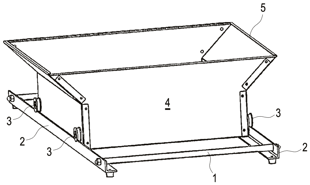 Patentzeichnung Fig. 1: Untergestell mit zwei Schienen, darauf der Siebkasten mit Rollen